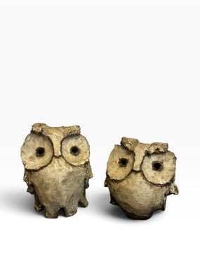 Vintage Brutalist Studio Pottery Owl Figurines Signed SP Pair Rustic Ceramic